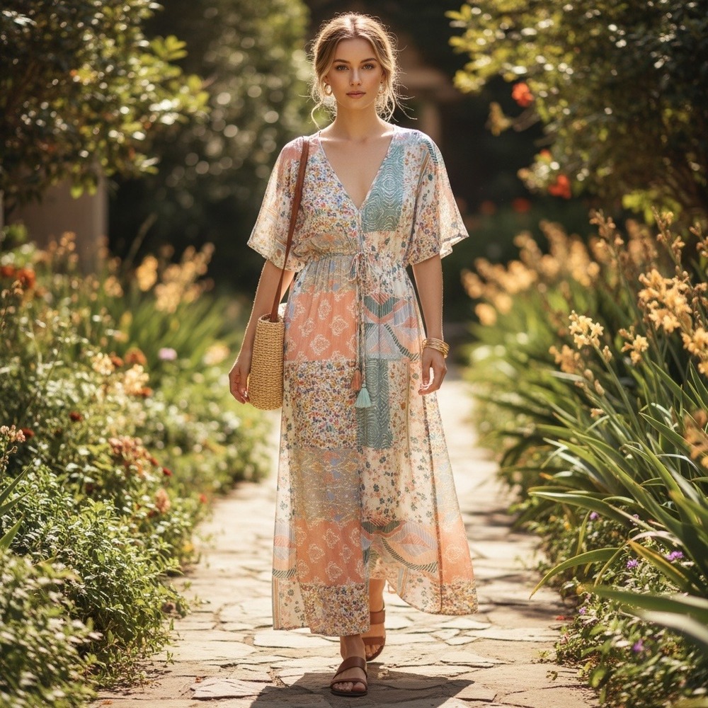 World Market Patchwork Maxi Dress L/XL Boho V-neck #149V